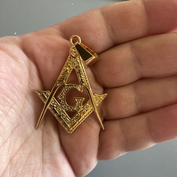 Men's Free Mason Stainless Steel Freemason Symbol Masonic Pendant Chain Gold - Picture 4 of 6
